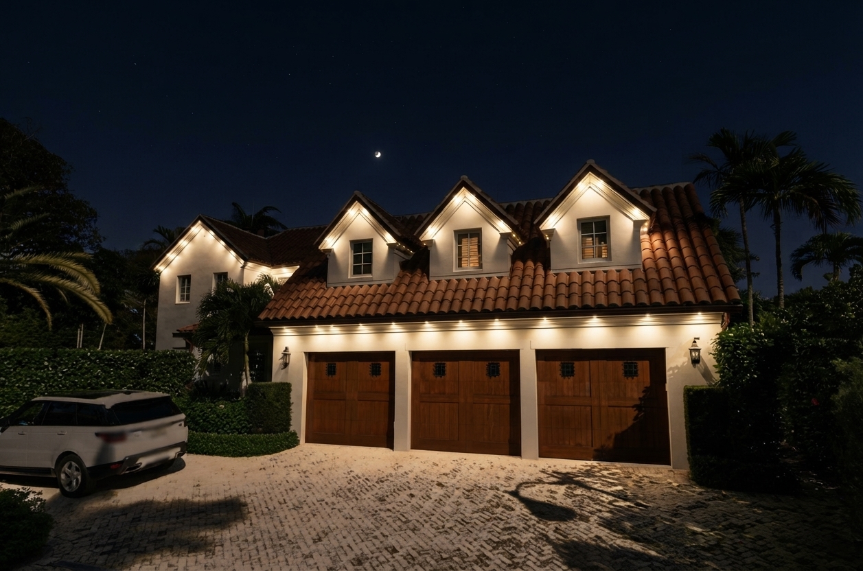 Gabled residence with warm architectural perimeter lighting