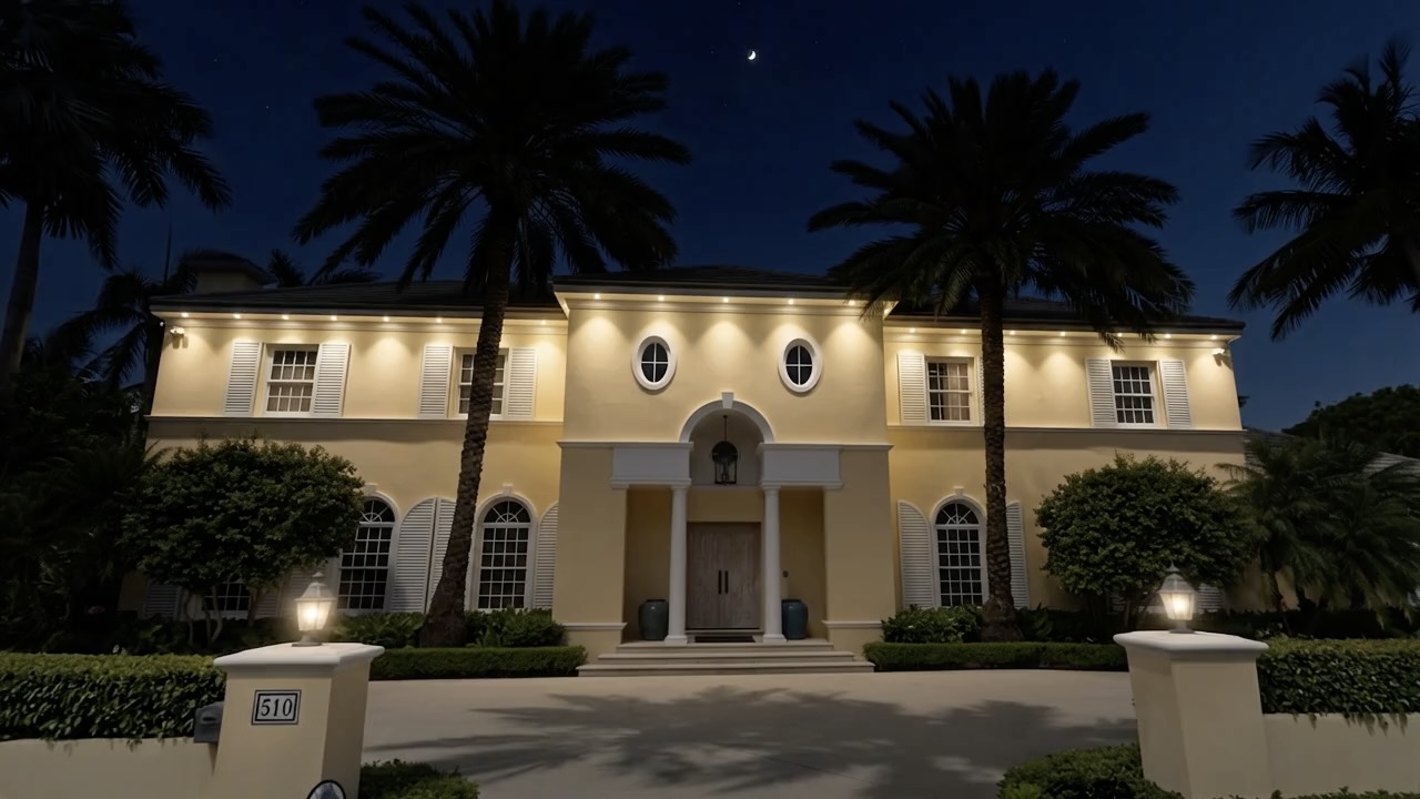 Two-story residence with warm architectural lighting