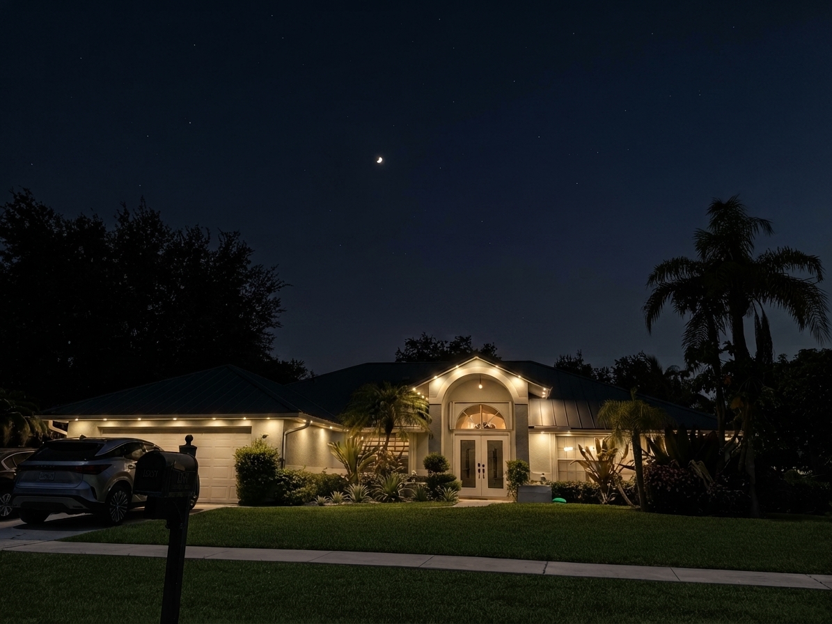 Single-story residence with warm architectural lighting